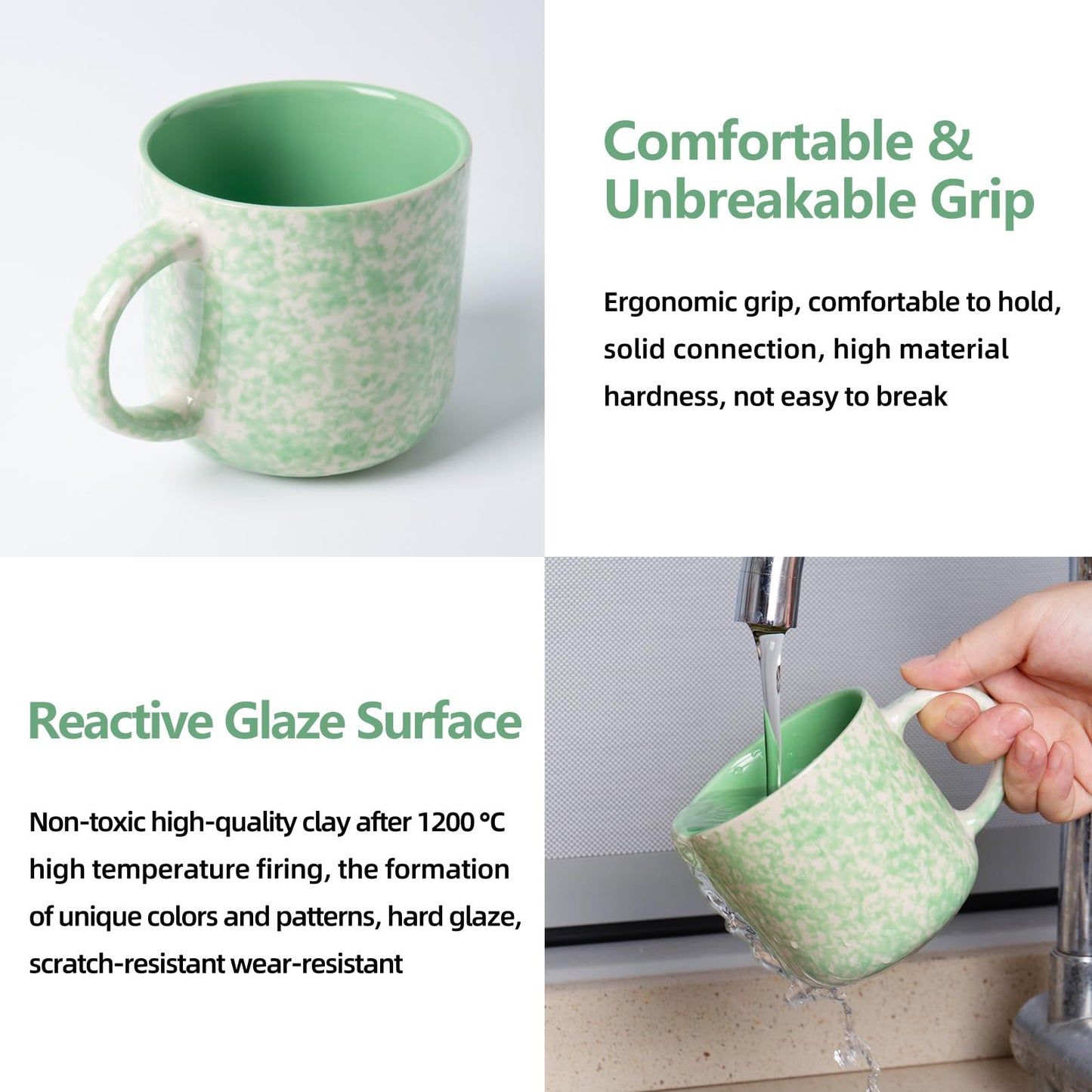 MONITO 12oz Ceramic Coffee Mugs – Set of 4, Green