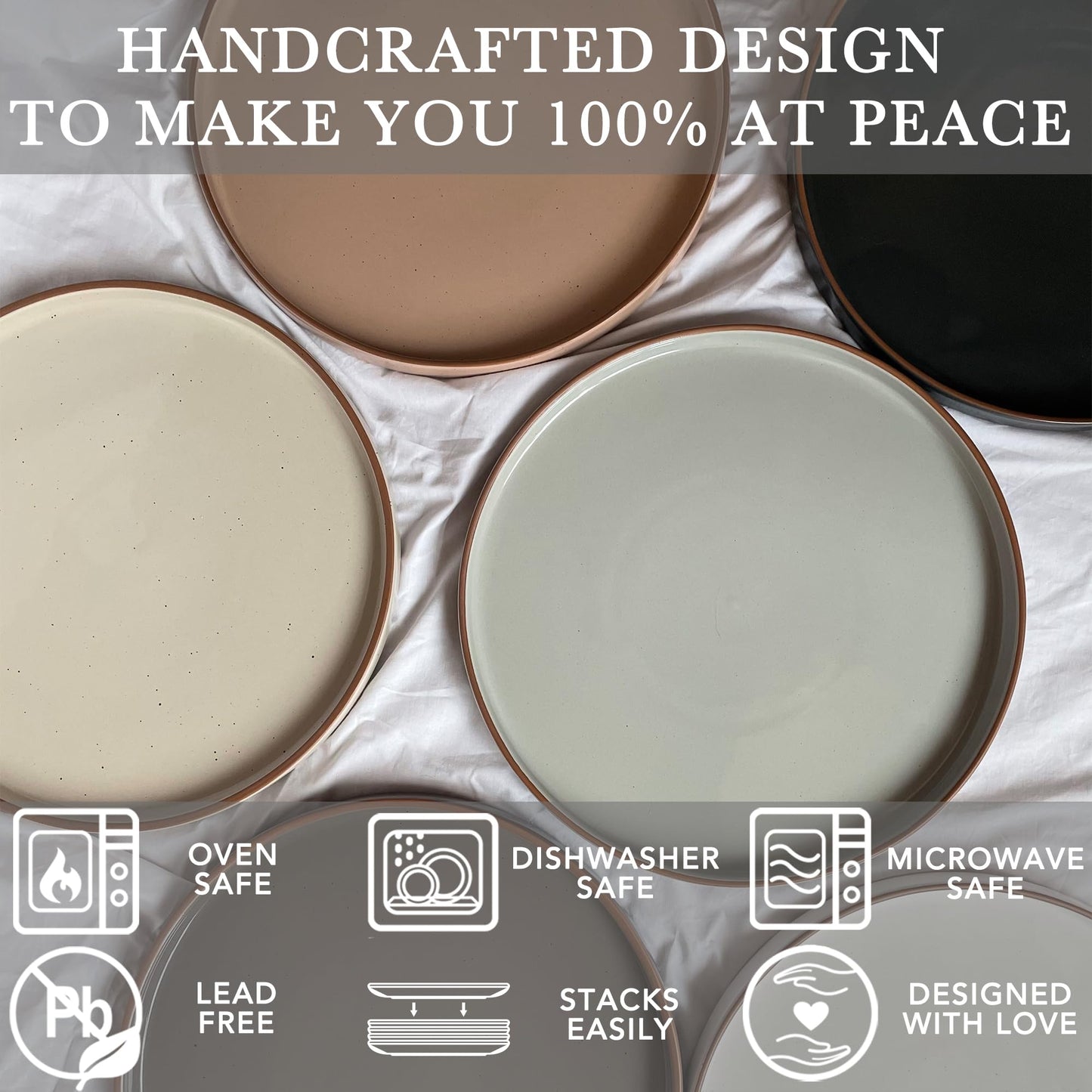 Boliano Ceramic Flat Plates – Set of 6, 8 Inch, Neutral Colors