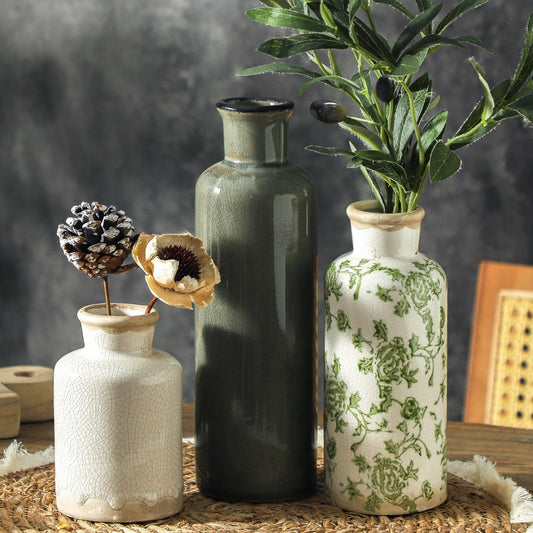 Boliano Vintage Ceramic Flower Vase Set of 3 – Chinoiserie, Green & Beige