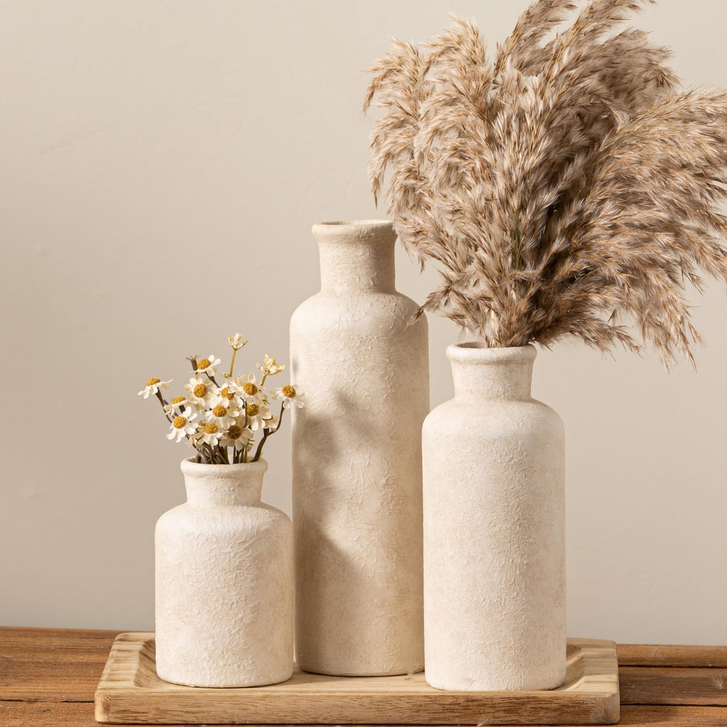 Boliano Ceramic Vases Set of 3 – Whitewashed Neutral, Farmhouse Decor