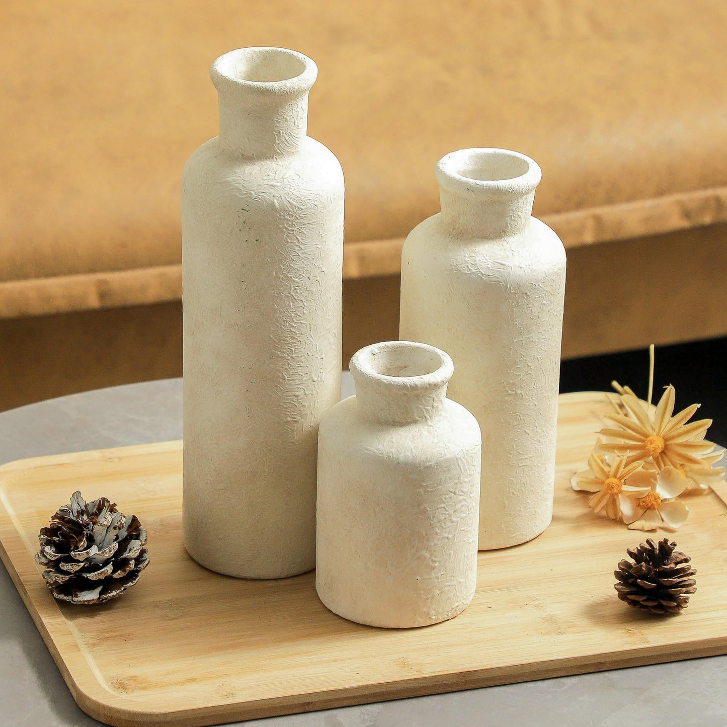 Boliano Ceramic Vases Set of 3 – Whitewashed Neutral, Farmhouse Decor