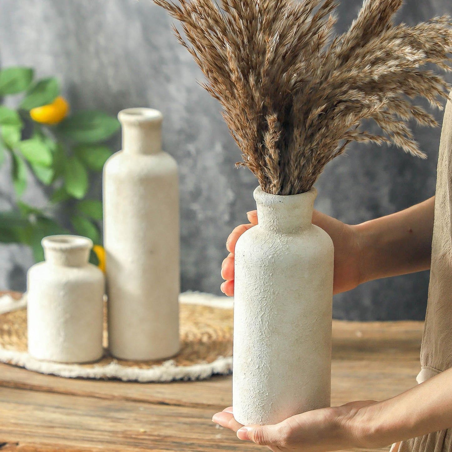 Boliano Ceramic Vases Set of 3 – Whitewashed Neutral, Farmhouse Decor