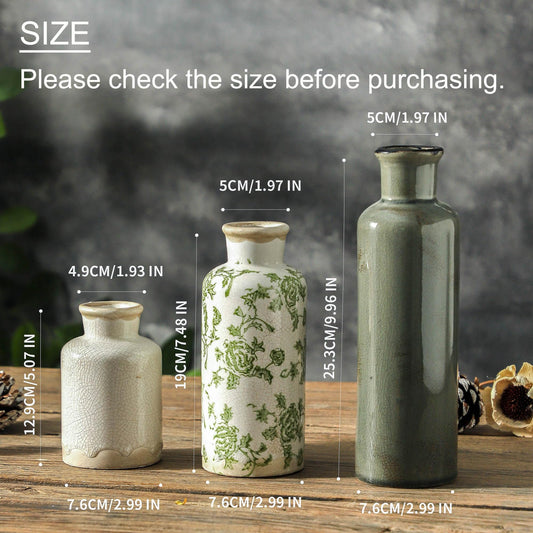 Boliano Vintage Ceramic Flower Vase Set of 3 – Chinoiserie, Green & Beige