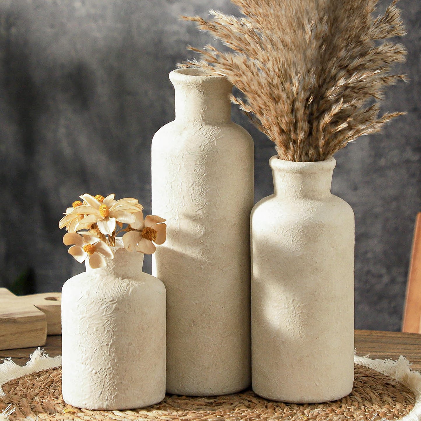 Boliano Ceramic Vases Set of 3 – Whitewashed Neutral, Farmhouse Decor