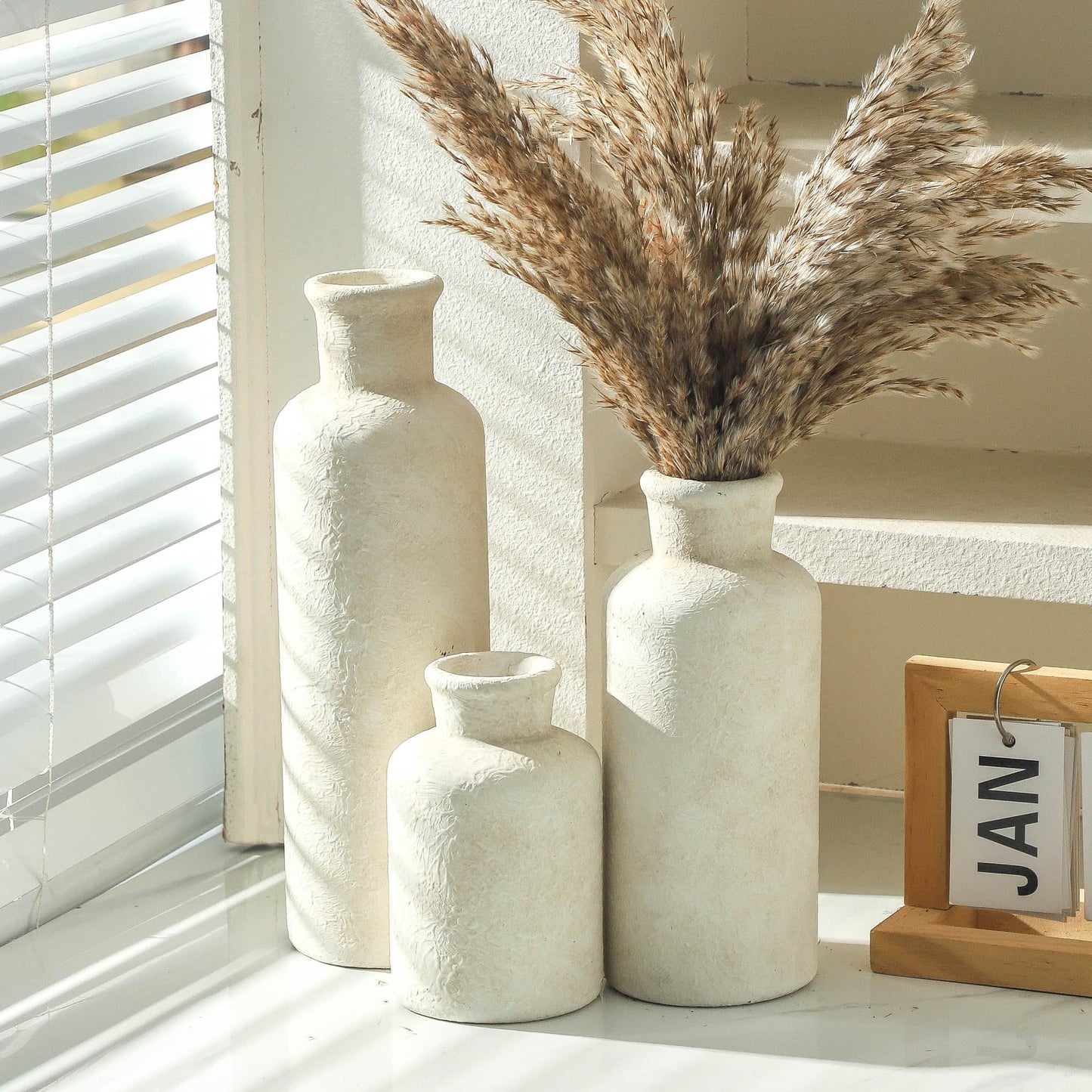 Boliano Ceramic Vases Set of 3 – Whitewashed Neutral, Farmhouse Decor